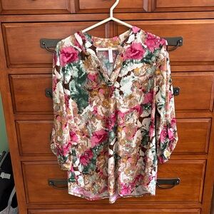 Dear Scarlett Floral V-Neck Blouse - Pink, Green, Brown- Lizzie Top